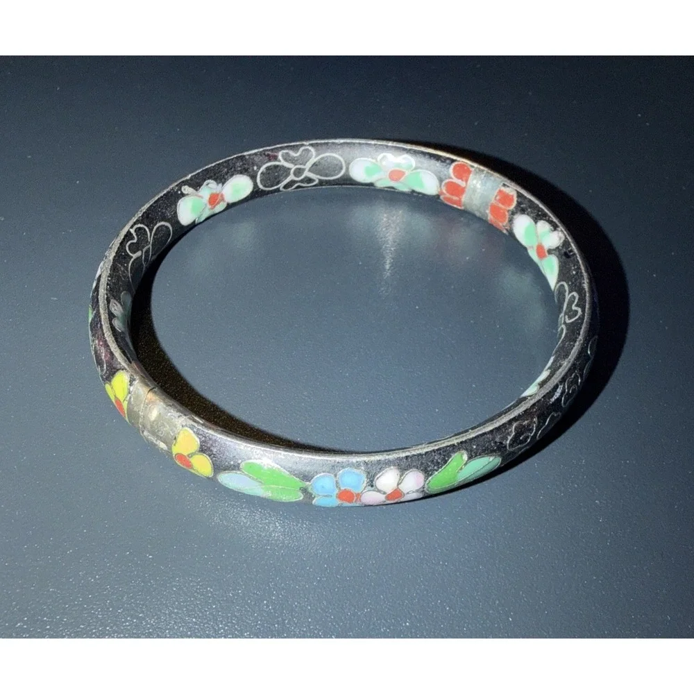 Vtg Asian Style Cloisonne Enamel Brass Bangle F Bracelet Floral Black Red Green